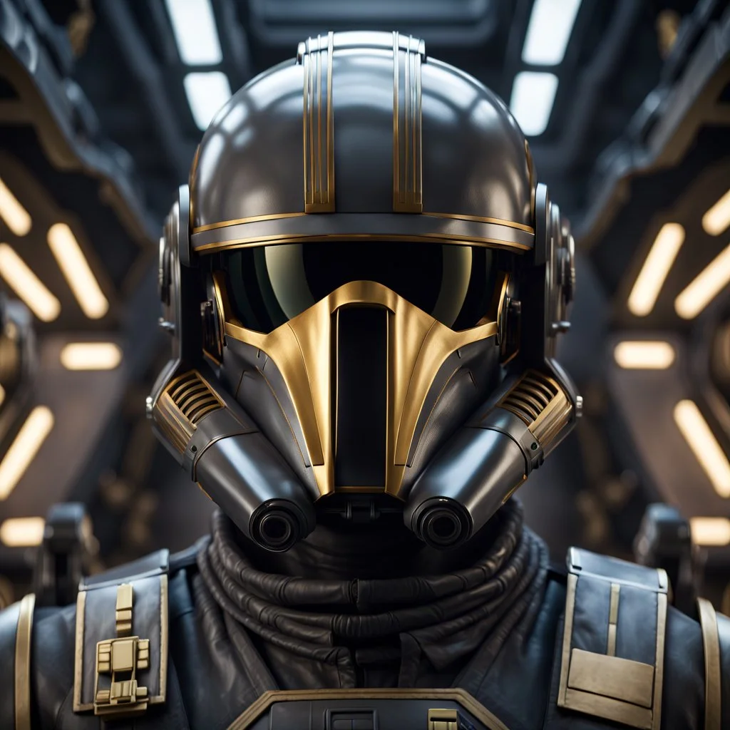 star wars bald male corellian pilot wearing gunmetal grey and black First Order TIE pilot armored flightsuit and helmet with gold trim inside the jedi temple, centered head and shoulders portrait, hyperdetailed, dynamic lighting, hyperdetailed background, 8k resolution, volumetric lighting, light skin, fully symmetric details