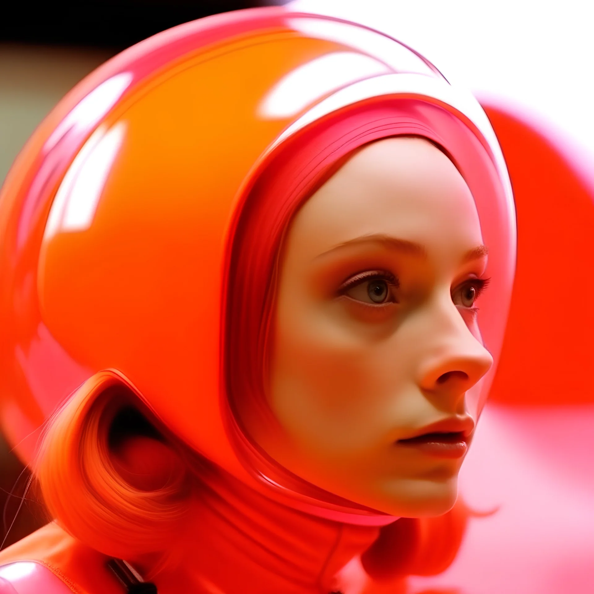 Retro futuristic hair pink and orange, fiona Apple, in a bubble