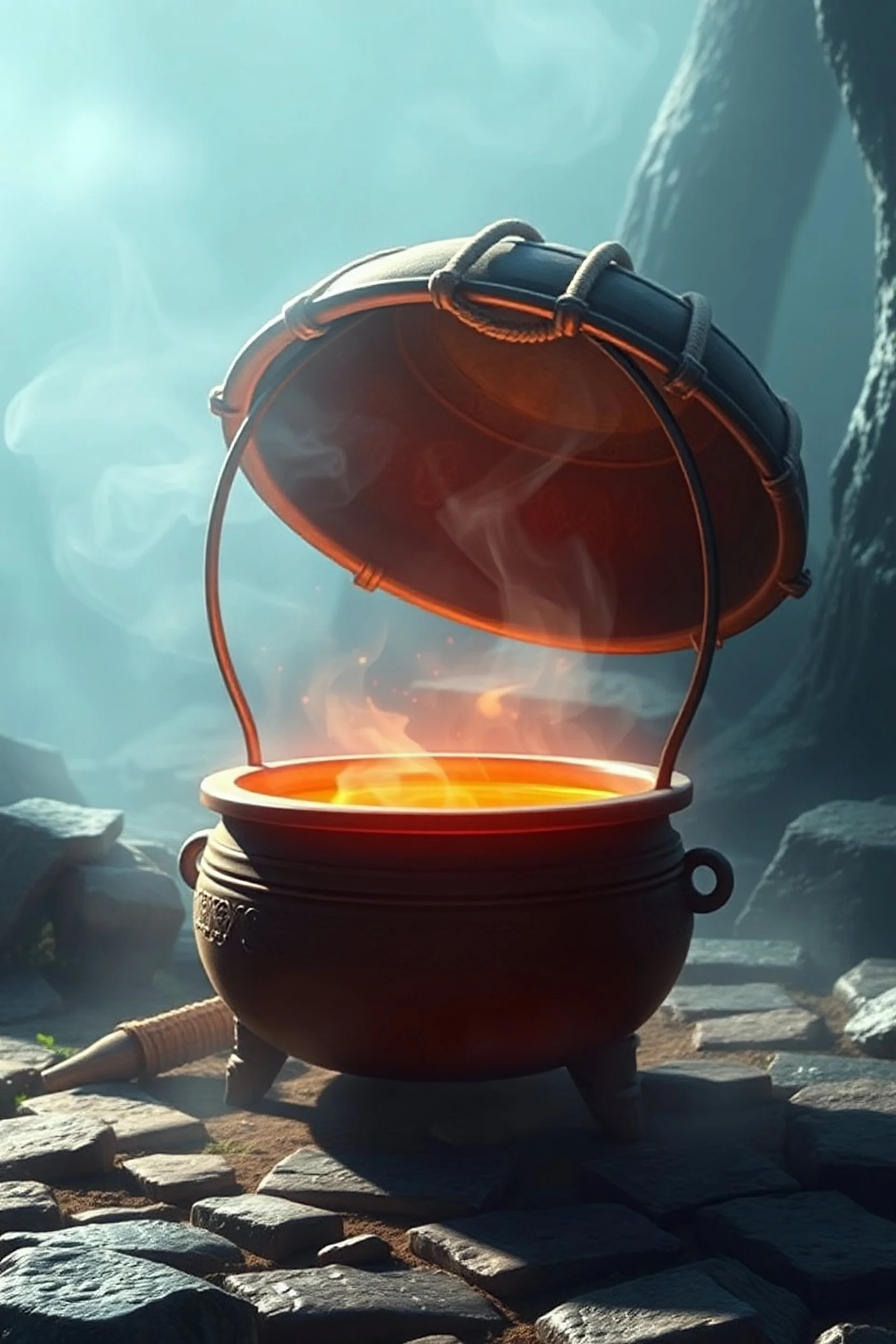 fantasy a style Final Fantasy, photorealistic image a empty cauldron, light colors