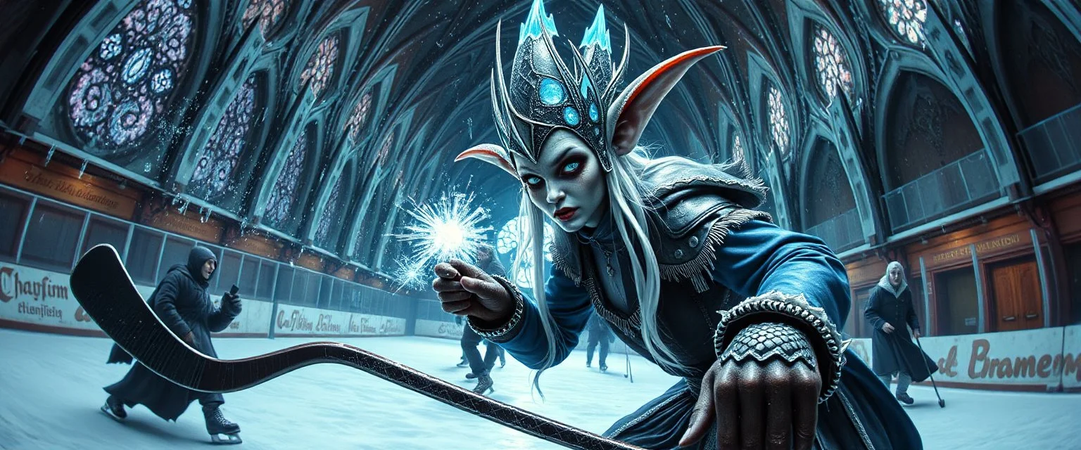 portrait of ice queen with magical aura hockey staff, pin hole cam, master oil painting by Rembrandt, d&d glam rock and glitter vampire gremlin illithid and lich playing hockey in ice skating hall or church, in the style of giger and escher, sci fi with floating little saucers
