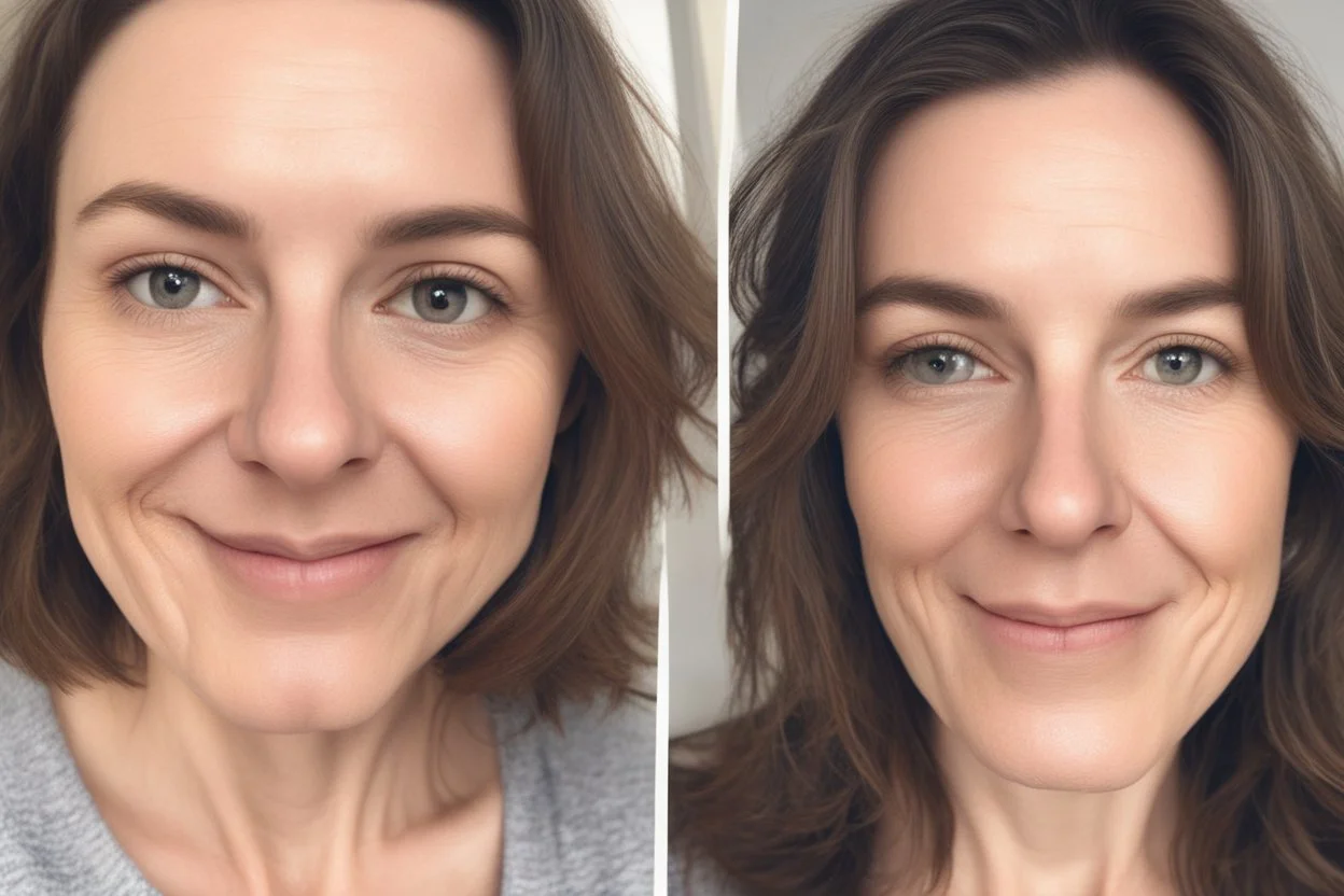 A selfie of a brunette woman, middle short hair, showing a 39-year-old European woman. She has white skin, tousled brown hair, face without makeup, big round dark brown eyes, cute nose, detailed full lips, skin texture. Split screen and show the same face but 15 years older
