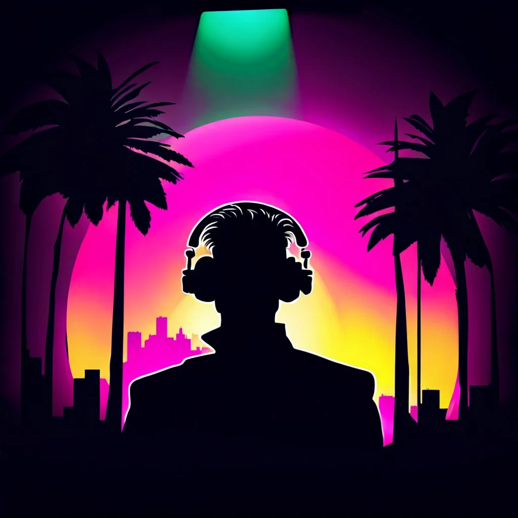 The silhouette of a musical performer in the spotlight. - very noticeable shadows - very realistic details - style: "synthwave"