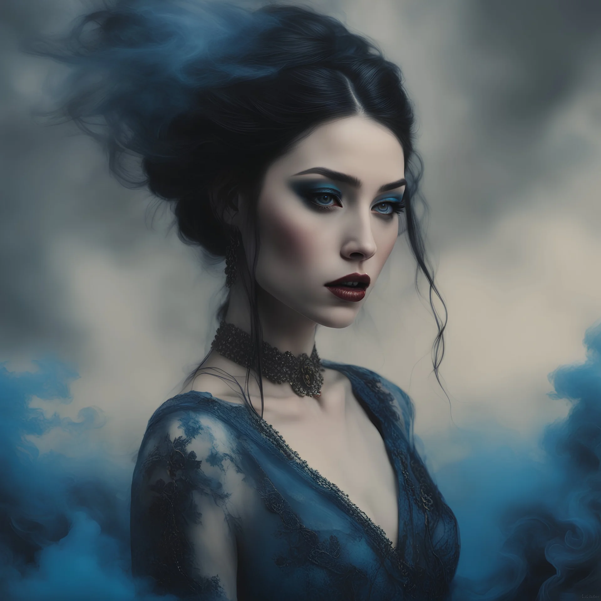 full body portrait Woman, in close-up with black hair, pale skin, Dramatic light, blue dress, hyper realistic, complex background, High quality, dark art, By Kyle Thompson, Bella Kotak, Luis Royo, Brooke Shaden, Carne Griffiths. black blue smoke made of smoke" city, , river, bridge"