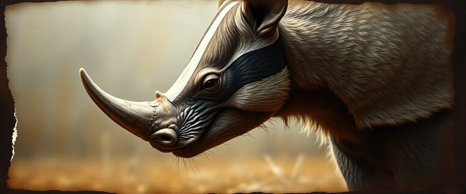 3d airbrush render, close up on rhino badger , pinhole cam, airbrush 3d rendering, in the style of Titian and Rembrandt , torn edges on border