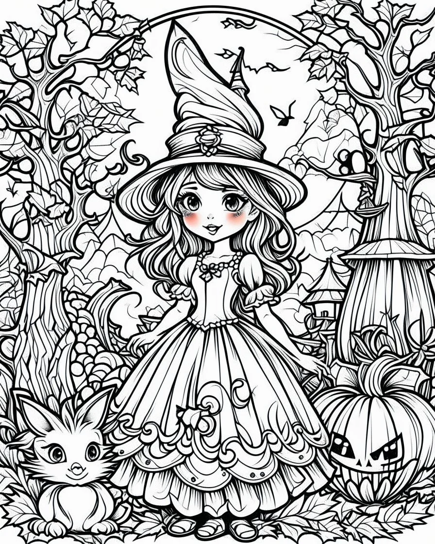 a cute halloween fairy tales illustration, 4k resolution, cartoon-sticker style with clear lines on a pure white background suitable for a children's coloring book.