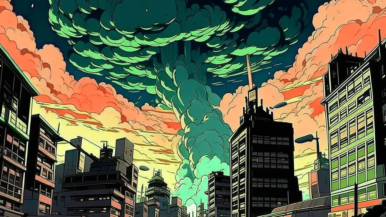 retro anime style, serius dark 1990s anime style, city, atomic mushroom cloud