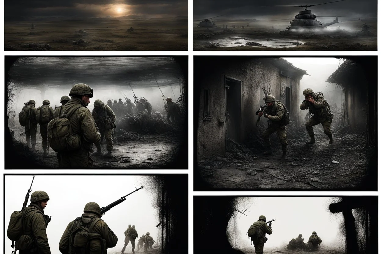 Masterpiece1:5)(Fineart), (award-winning:1.5), highest quality, (ultra realism:1.5) war journalism(,(by Tim Page and Hoorst Faas:1.5))(photorealistic:1.8),(Eastern Ukraine:(panel one:the moment after a battle ends, horrors of war, wounded men),(2nd panel, cinematic shot of men sitting in trench with 1000 yard stare (focus on their eyes:1.5)),(the third panel shows troops tired but hyper alert), (the fourth panel shows the sky is filled with incessant, fire and smoke,)