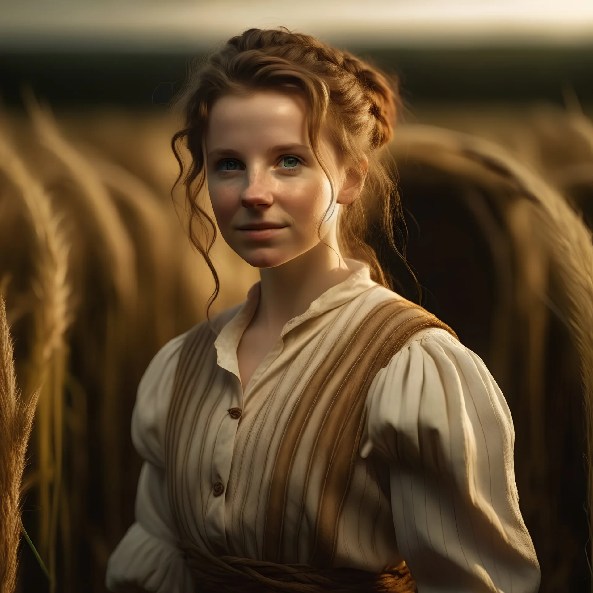 Young female hobbit stading in the field of wheat in beams of light. She has brown eyes. Her curly dark auburn hair are tied into big messy bun on top of head in shape of nest. She's waering medieval shirt with brown leather underbust. She looks happy but shy. Her skin is tanned.