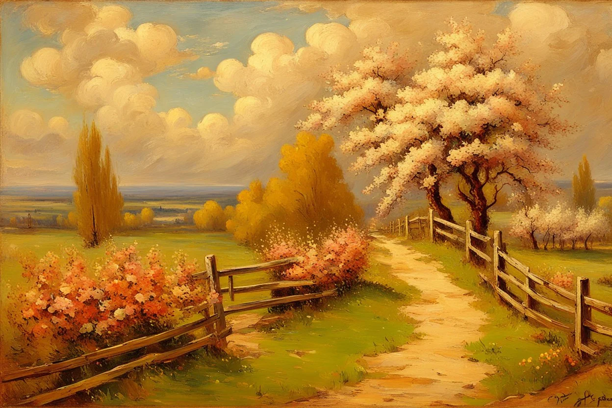 Clouds, spring trees, little pathway, fence, flowers, otto pippel impressionisn painting