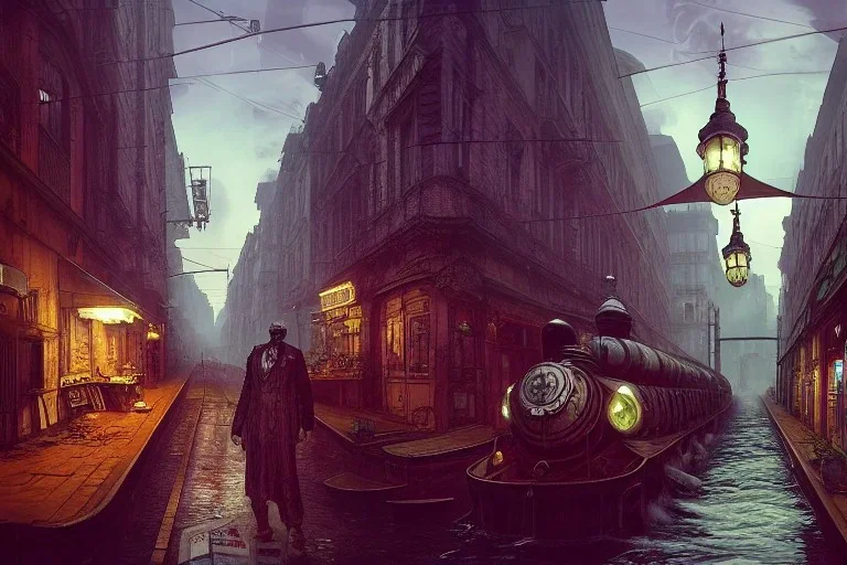 Corner Train run raid Train Canal River and corner shop greengrocer in colorful Italian street+Gothic city+BioShock+Dishonored+Bloodborne +trieste+Edinburgh+Chicago+victorian London+decòpunk Skyscraper+ +steampunk+biopunk+alphonse mucha, greg rutkowski,matte painting, cryengine, hyper detailed, felix kelly, fantasy art, seb mckinnon