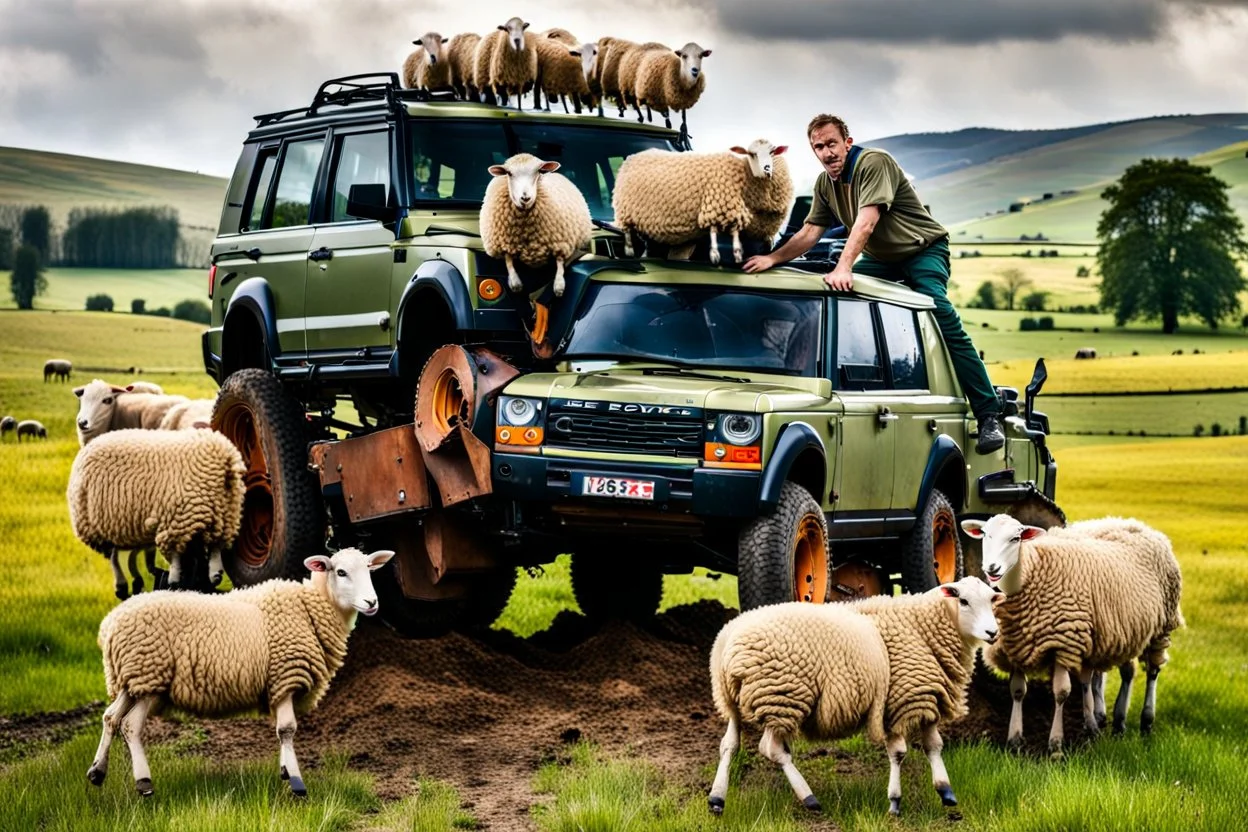 lots of sheep jumping on each other with mechanic, portrait of a broken mechanic, mixed body hybrid part big (sheep), fixing (far away old land rover 4x4 discovery 2) in the countryside