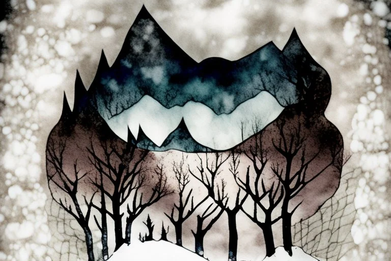 double exposure, merged layers, Covered Mountains in snow cold winter at night, styles of Paul Klee Dee Nickerson and Tim Burton, cute chibi scary monster, melting watercolor and black ink outlines on wet paper, soft, shading strokes, in sunshine, ethereal, otherwordly, cinematic postprocessing, bokeh, dof