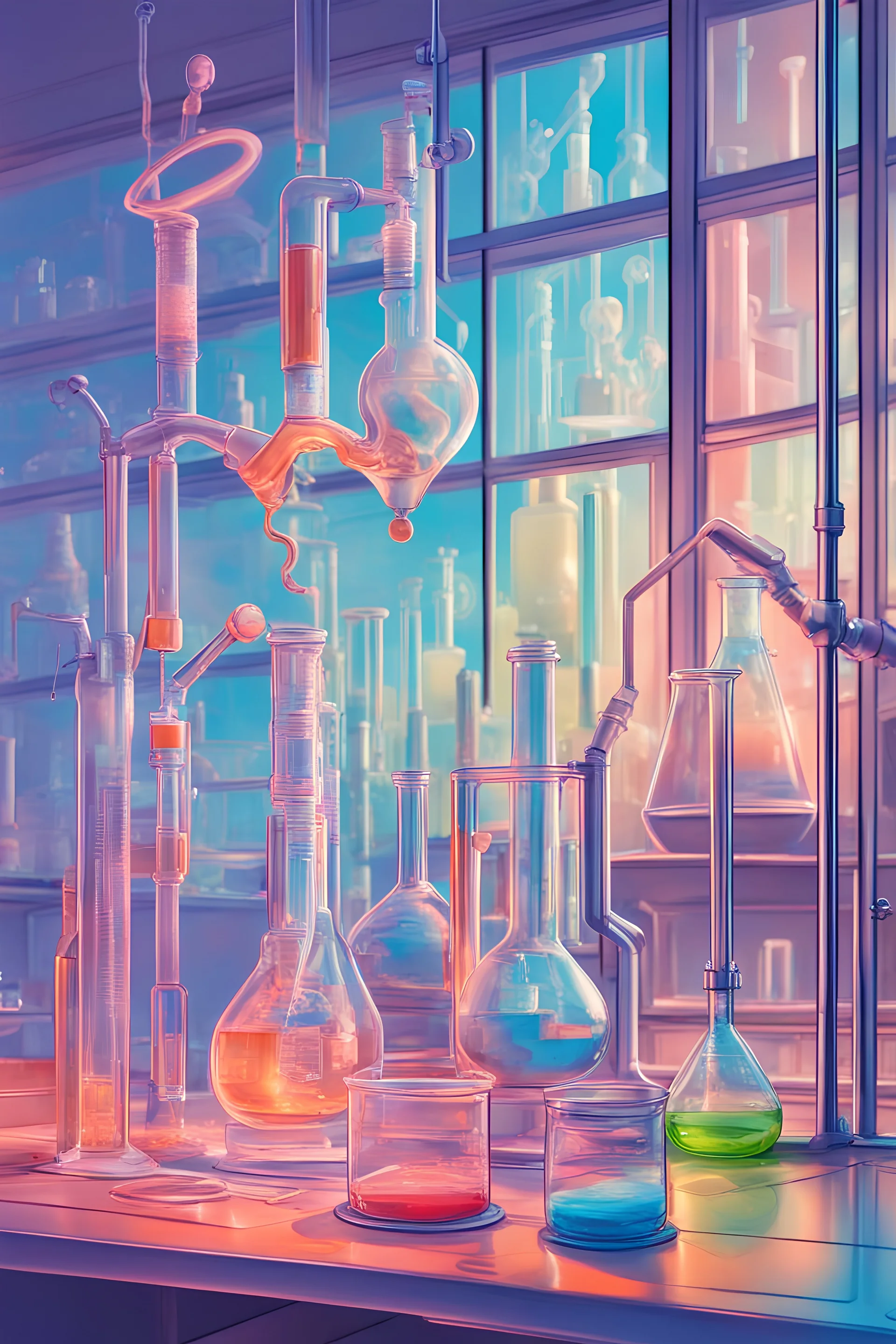 Glass chemical tools in imaginative shapes, and chemical glass is poured onto another glass, and in the background is a modern chemical laboratory, and neon lines come out of the wall, and there are pictures of chemists