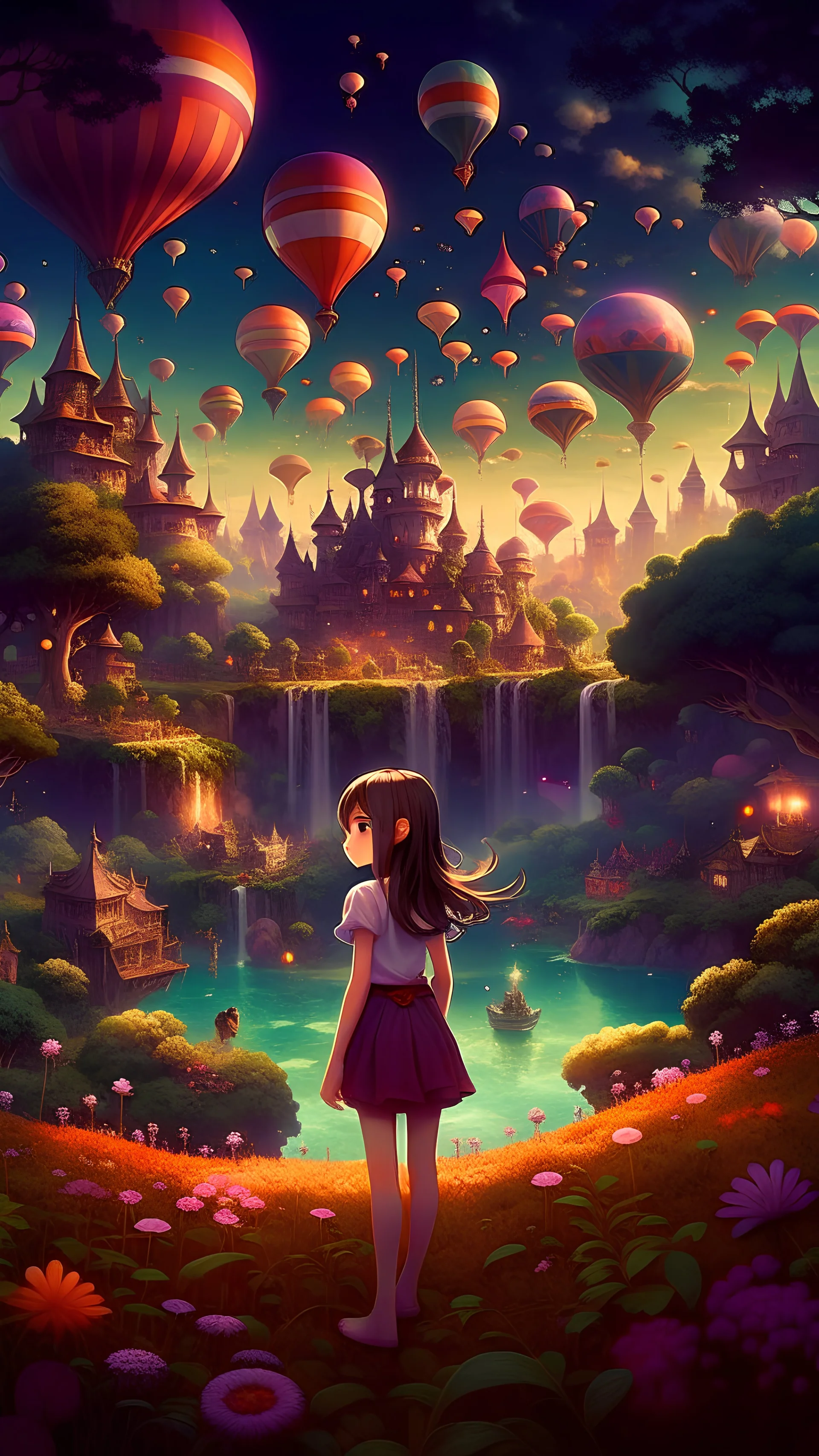 "Imagine a stunning illustration of a pretty anime girl immersed in a captivating wonderland. Set in a dreamy, fantastical landscape, the girl is portrayed with an air of awe and curiosity, surrounded by enchanting and surreal scenery. The wonderland should be brimming with whimsical elements and magical creatures, evoking a sense of mystery and enchantment. Capture the girl's expression of wonder and delight as she explores the extraordinary and imaginative world around her."