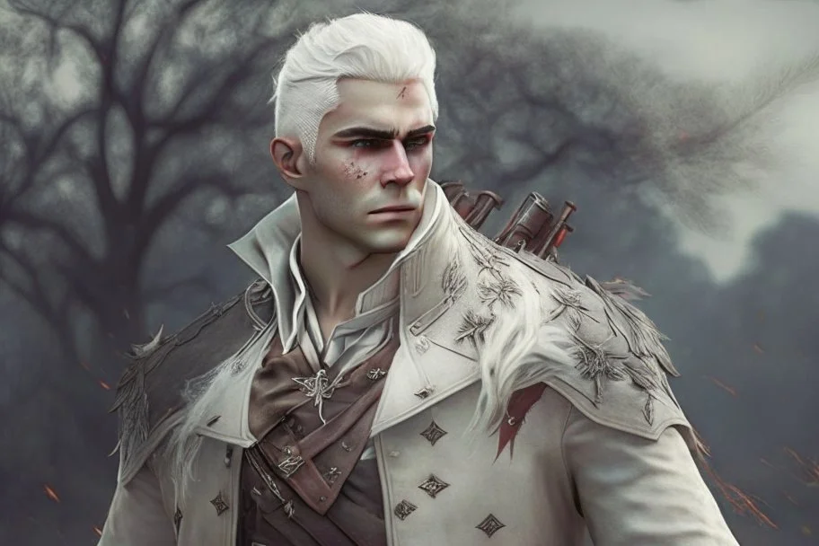 A Fantasy Human, a white masculine human with white hair. Lots Battle Scars. Full body. Brown Military clothes. HD