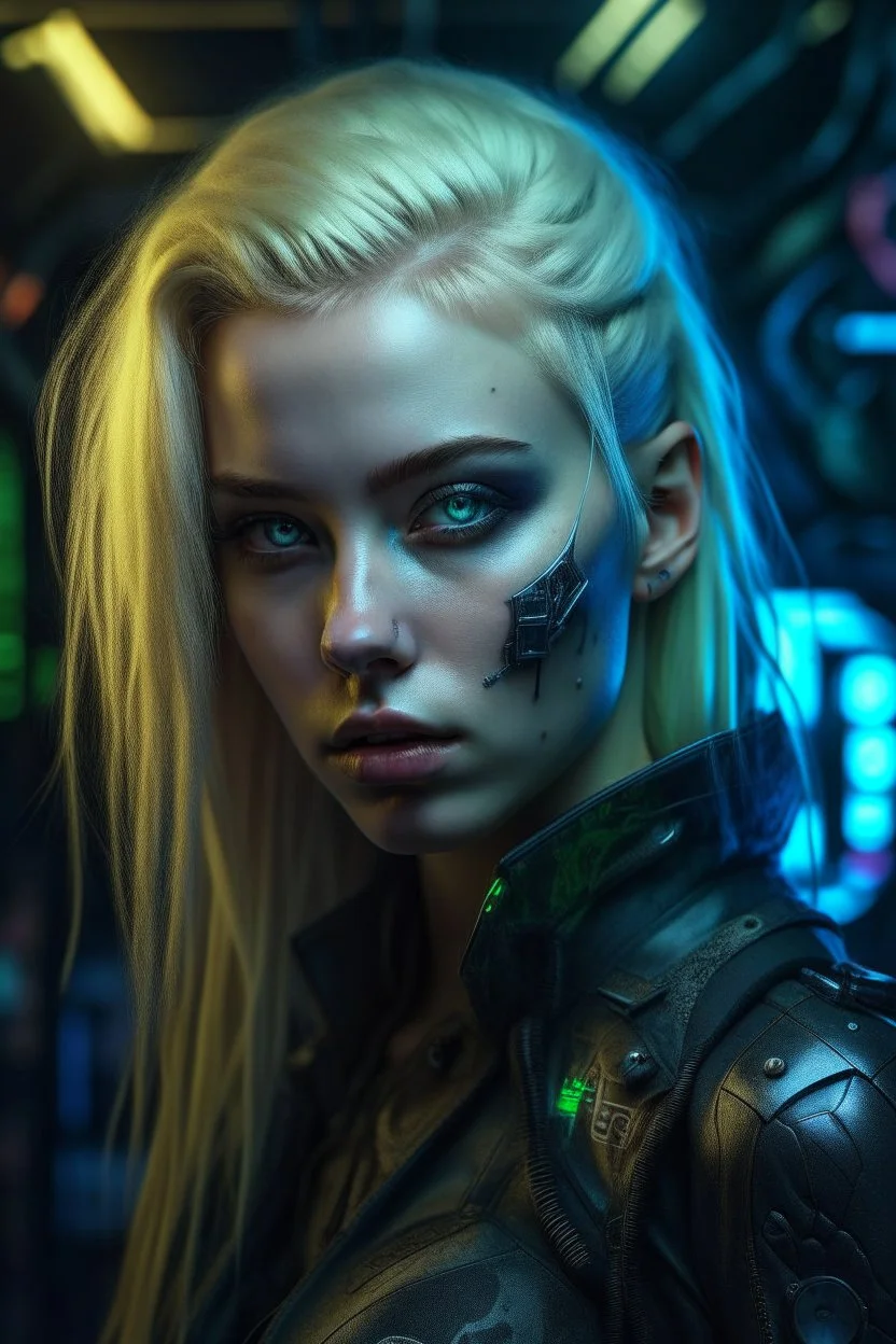 hyper real oil painting on canvass of blonde pierced cyberpunk Malkavian vampire chat robot portrait with clear blue-green eyes in moon light feeling in control in goth ruins Giger patterned background, zeiss prime lens, bokeh like f/0.8, tilt-shift lens 8k, high detail, smooth render, down-light, unreal engine, prize winning