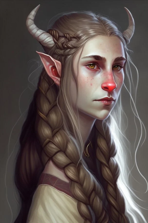 portrait of a young tiefling in her twenties, very light long hair, enclosed in a braid, small ears, small and elegant nose