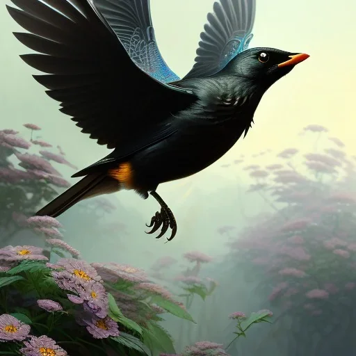 blackbird with black flowers, intricate, highly detailed, digital painting, artstation, concept art, smooth, sharp focus, illustration, art by greg rutkowski and alphonse mucha