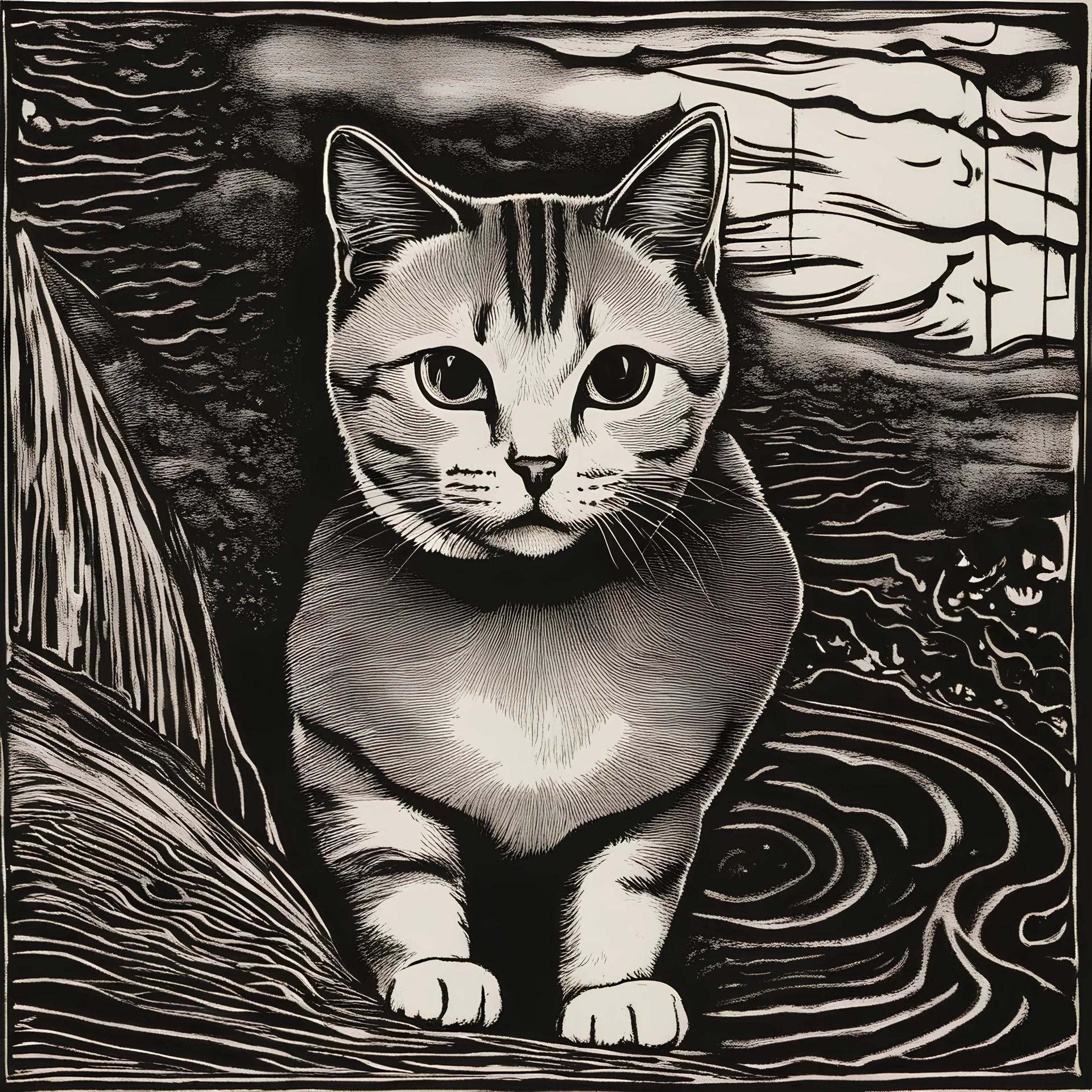 cat with few details, xylography, woodcut, black and white, few details, running, photocopy style, without background