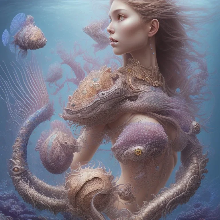 sango fantasy, fantasy magic, intricate, sharp focus, illustration, highly detailed, digital painting, concept art, matte, artgerm and paul lewin and kehinde wiley, masterpiece sexy lips Asain lady body mermaid lionfish head turquoise space lady beach sea under water mermaid seaweed