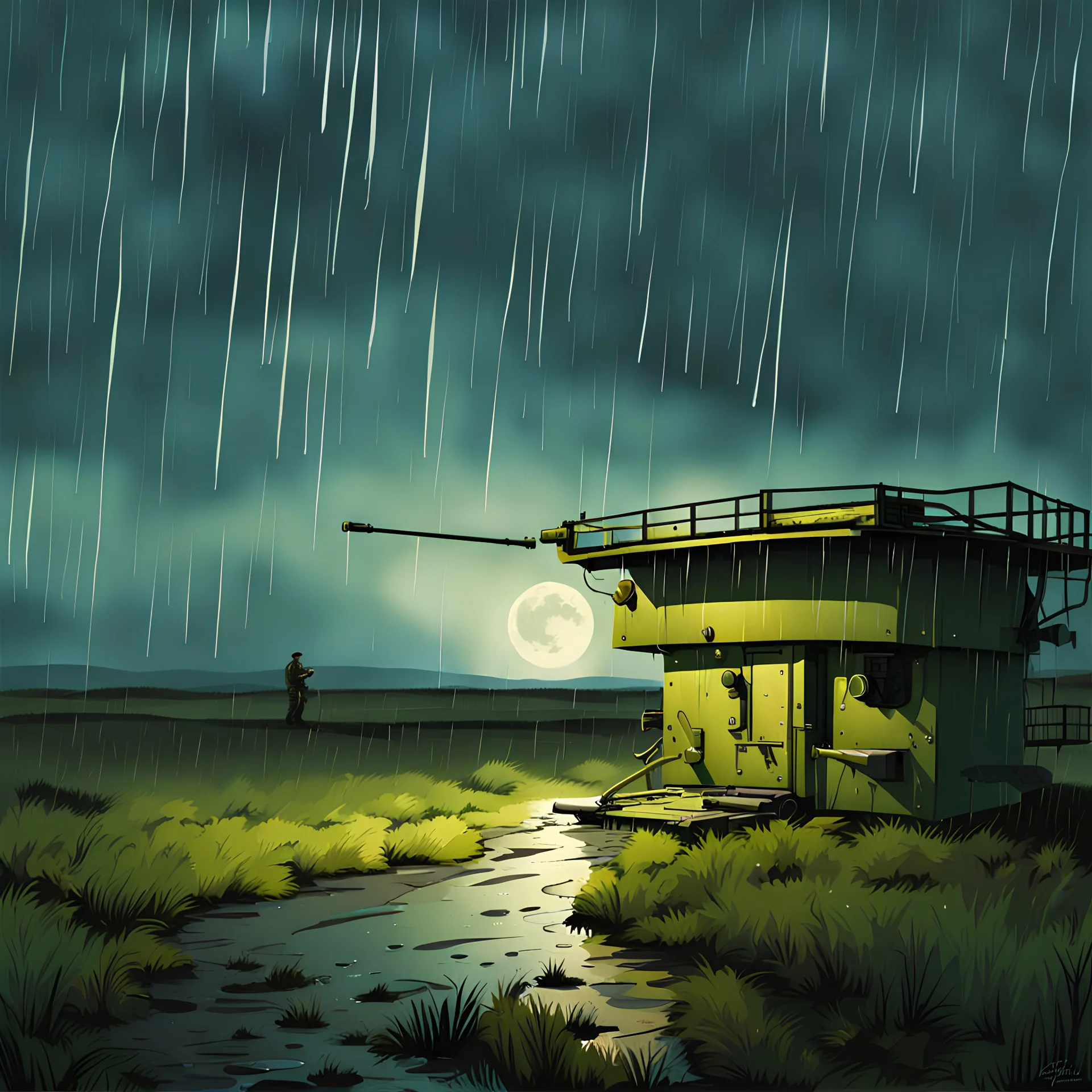 machine gun turret, outside, rain, moonlight