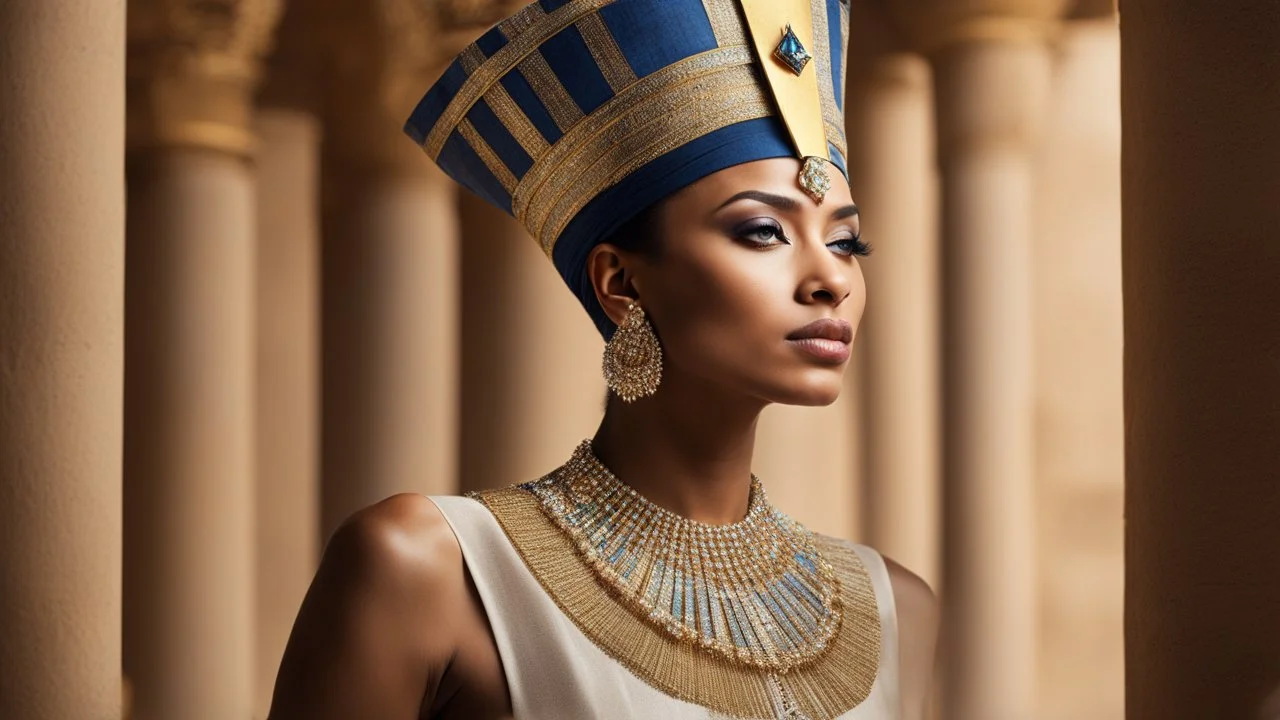 Nefertiti, the daughter of Pharaoh Ay, stirred from her slumber in the opulent palace. With a regal grace that spoke of her royal heritage, she rose from her bed and adorned herself in a sheer linen dress, the fabric whispering against her skin like a gentle breeze. Adorning herself with jewels that sparkled like stars in the morning light, Nefertiti made her way to the grand chariot that awaited her outside. With a bundle of sweet dates in hand, she stepped into the chariot, her royal wand and