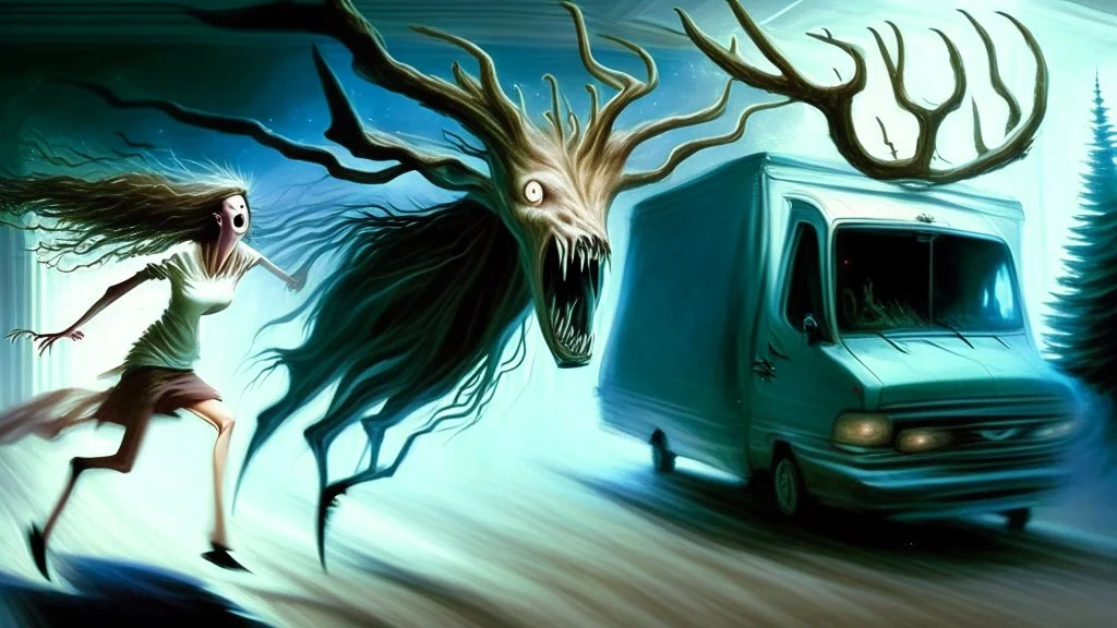 wispy evil lovecraftian looking ghost of deer chases drunk lady from her Budget Moving Van