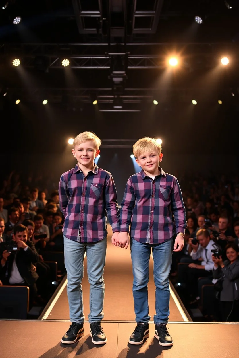 Norwegian Identical boy twins celebrites, same sex gender standing on a stage with holding their hands, lot of photographers, flashing lights, identical twins with same sex gender