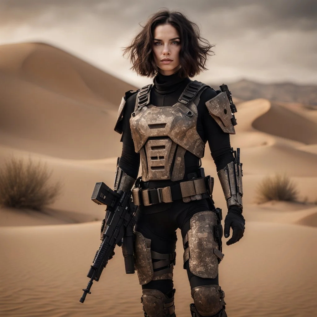 beautiful caucasian female soldier, black metal body and limbs, visible cybernetic limbs, scratched sand camo metal details, short brunette wavy bob haircut, dystopian, desert scene