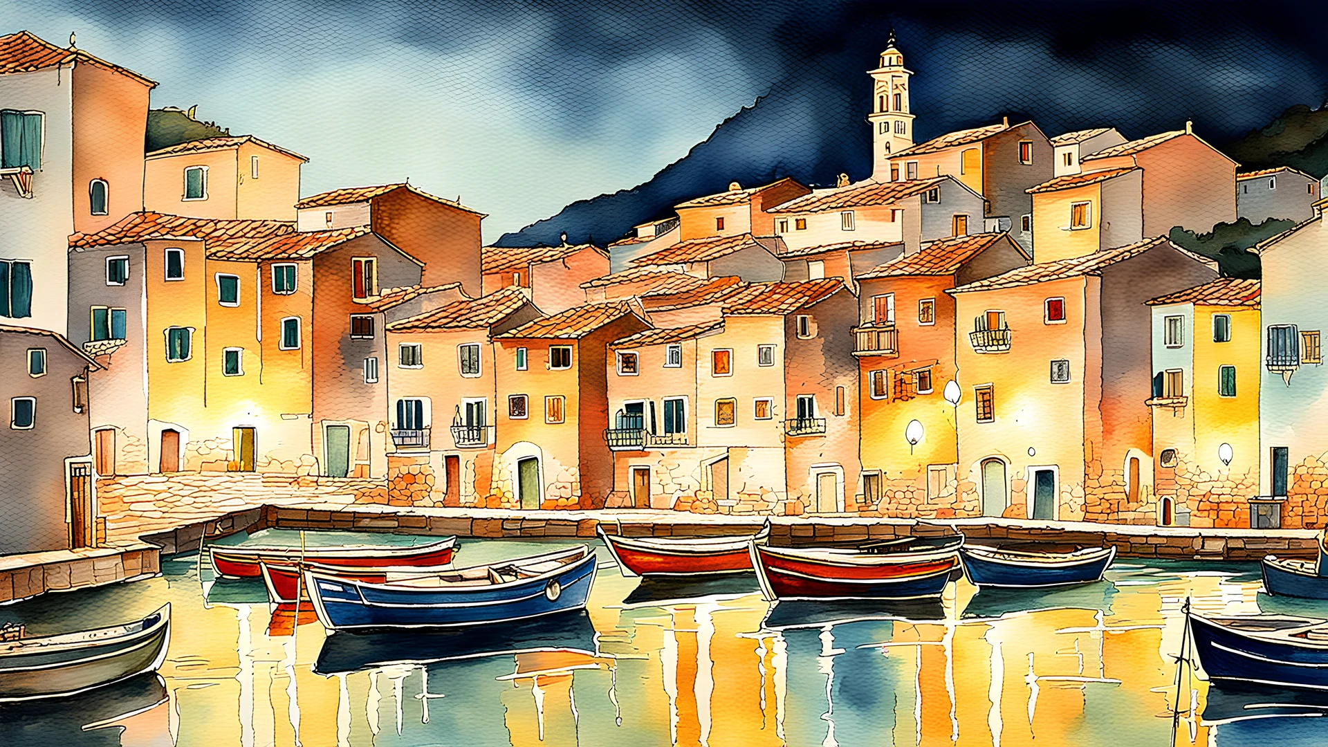 A beautiful night time scene of a coastal fishing village on the Mediterranean, boats on the water, lights reflecting off the water, detailed, complex, high definition, wet on wet watercolor, award winning masterpiece,