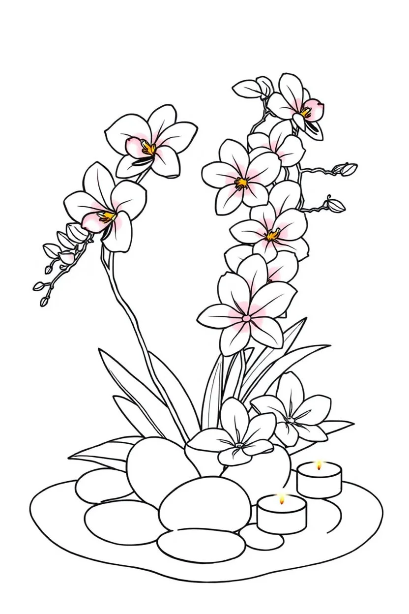 outline art for visually rich appealing tall ikebana heart orchids plumeria spa rounded stones around candles, coloring page for kids, white background, fit to page, only use outline, clean line art, no shadows, clear and well outlined