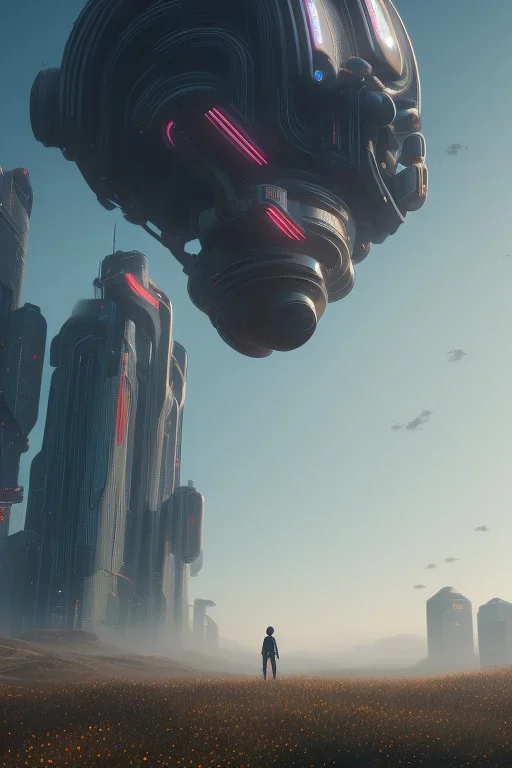 projection of an AI head hovering over an cyberpunk landscape in the distance, a small human walking towards the head, high quality, 4k resolution, high details