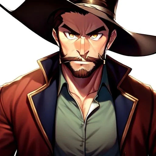 Portrait, Bearded, gunslinger, short brown hair, serious eyes, wild west Coat,