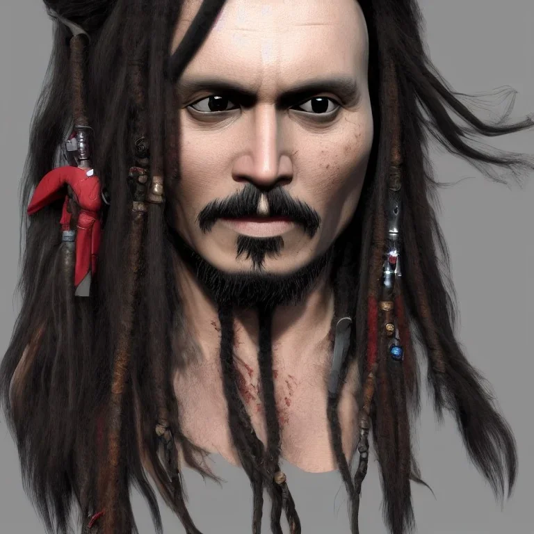 Captain Jack Sparrow,award winning portrait long black hair. character design by andy warhol , unreal engine 5, artistic lighting, highly detailed, photorealistic, fantasy , 24mm