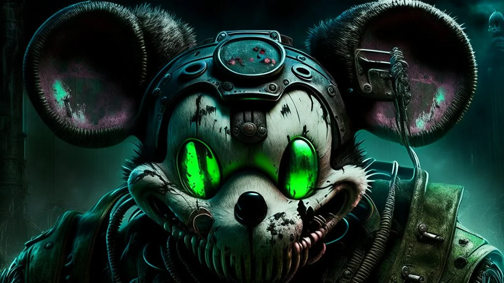 zombie mickey mouse hybrid, photorealism, movie screen capture, horror, sci-fi, retrofuturism,