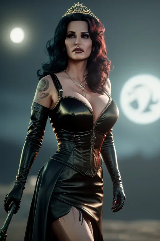 lisa ann as evil queen in black leather gown, cleavage, angry, stern look, unreal 5, octane render,cinema4d, dynamic lighting, dramatic lighting, 4k, redshift render, highly detailed, hyper realistic