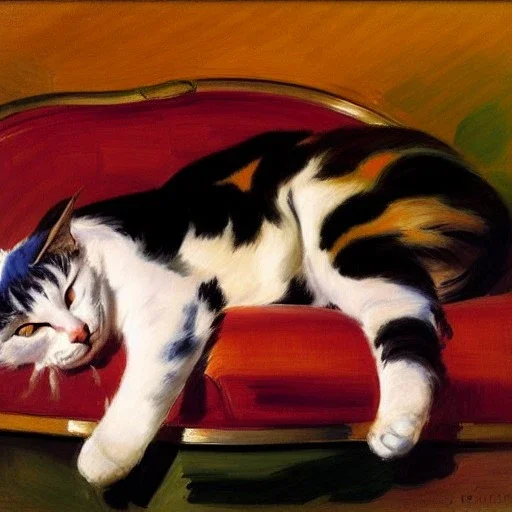 oil portrait of tricolor pattern Cat sleeping in a sofa by Joaquín Sorolla 8k