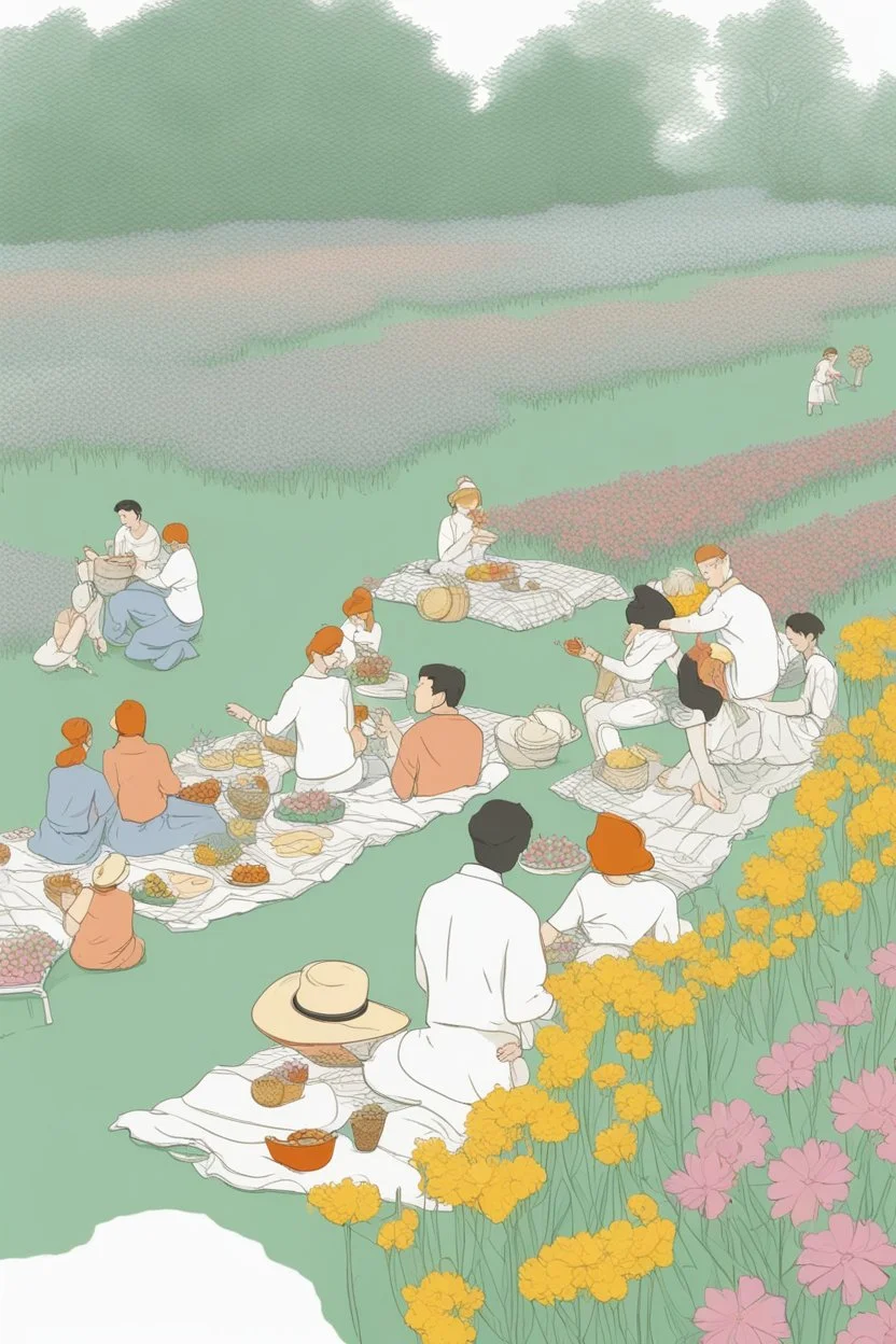 outline art for Picnic in the Flower Field people picnicking among colorful spring flowers., White background. sketch style, clean line art, white background, no shadow and clear