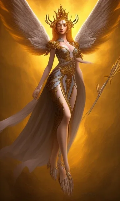 Female angel with beautiful face big wings and golden crown floating above the ground in the dark enviroment, michelangelo style, detailed, world of warcraft style