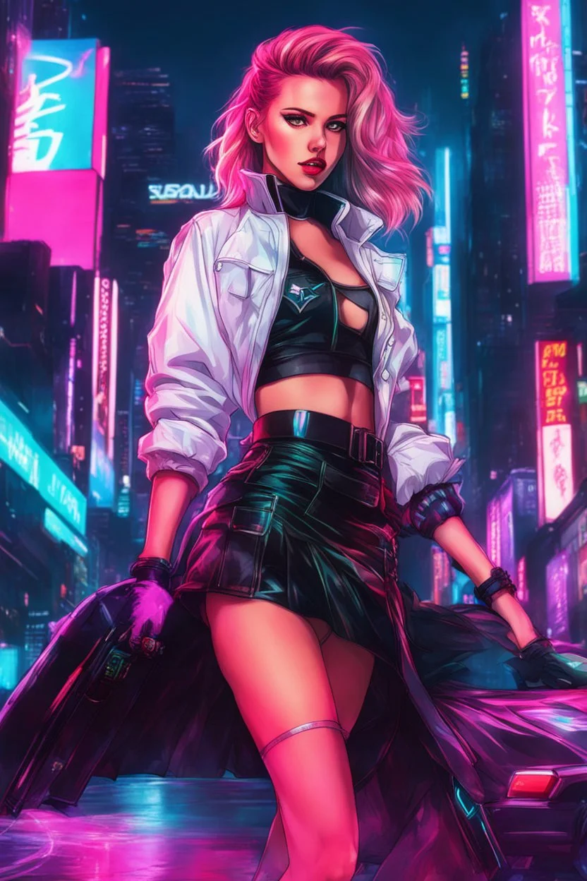 retrowave anime cyberpunk girl, scarlett johanson, furr skirt