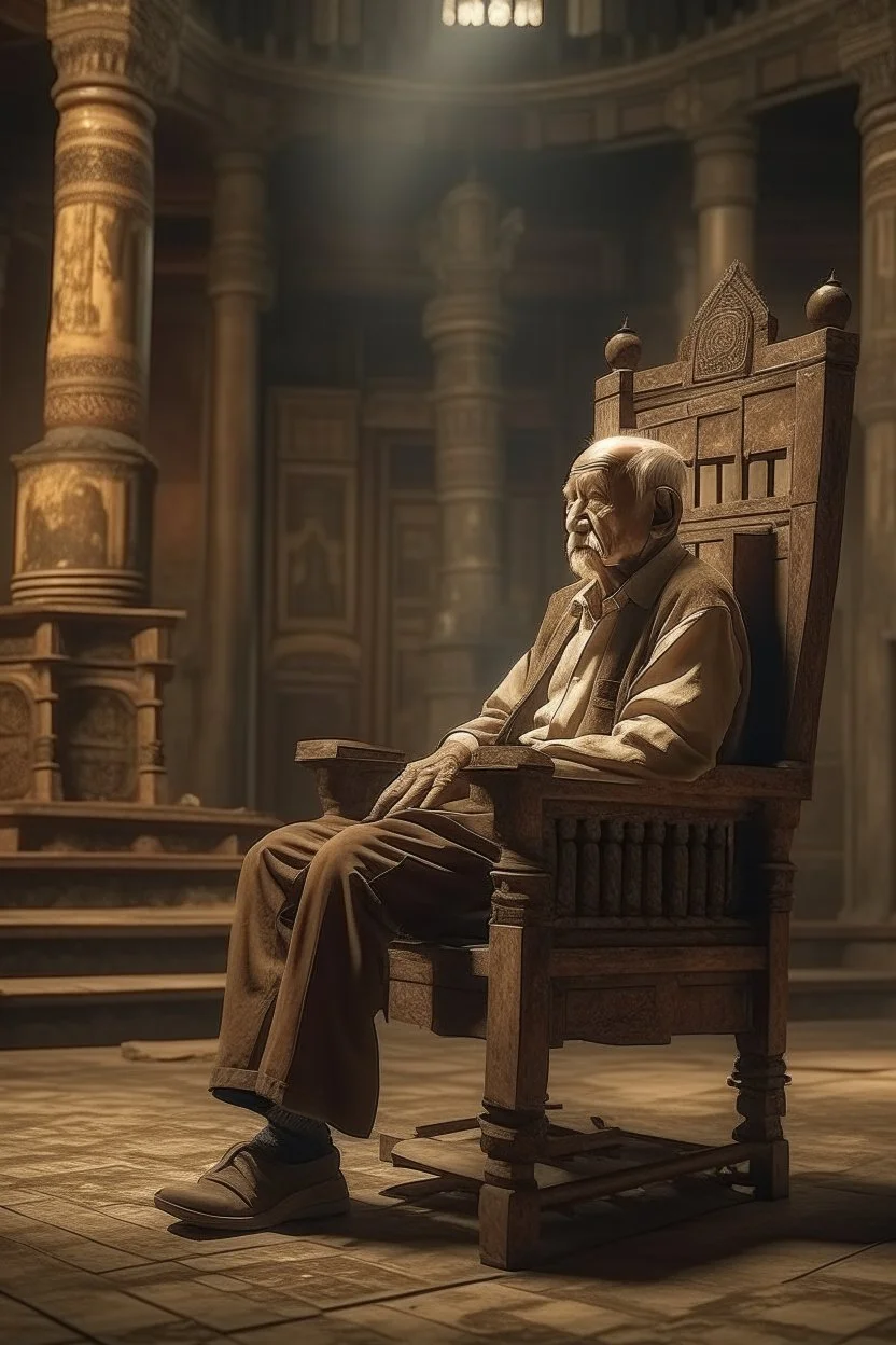 An old man sitting on an old chair in side an old temple bound by a bomb, burdened with worries a high definition cinematic theme