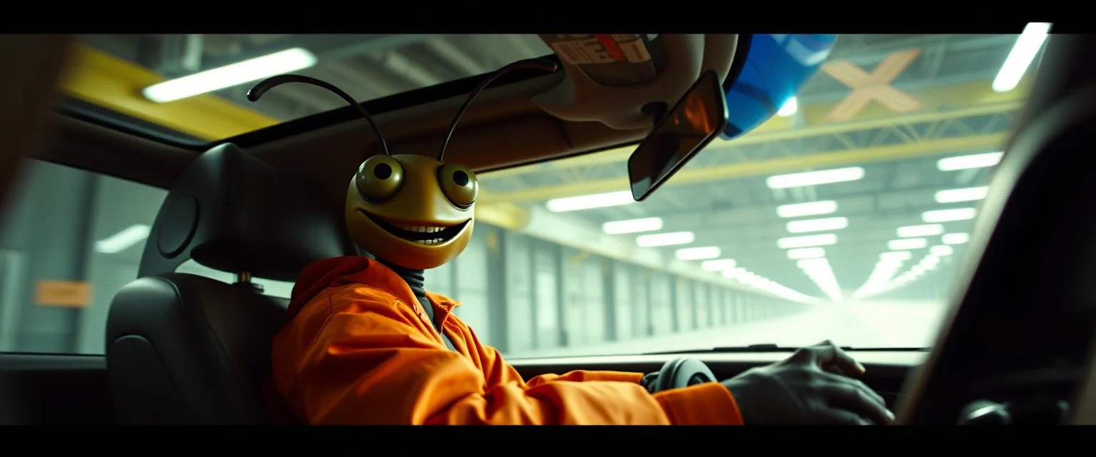 car driving happy insect man in the style of Escher and Giger and Fallout 4, pinhole cam, airbrush 3d rendering, on tv screen:A five-second cinematic single take in a clean industrial presentation hall.