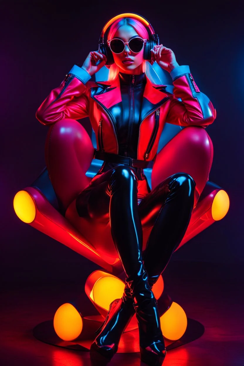 Full body super model pretty girl ,fashion style,latex suit,headphone with sunglasses colorsfull ,background neon light