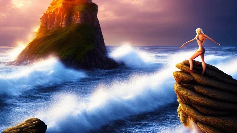 blonde woman standing at the edge of a cliff waves crashing against the rocks below