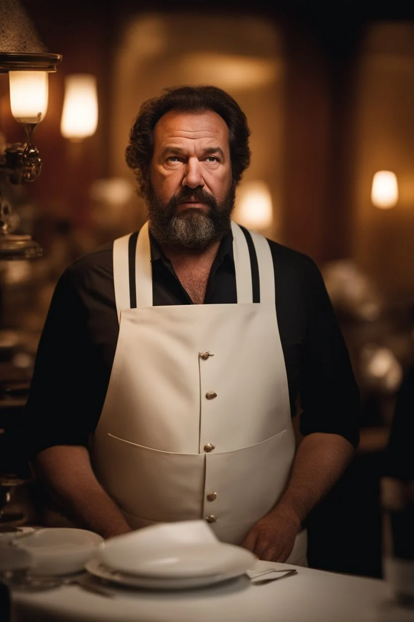 half figure shot photography of a 44 years old serious sicilian waiter in uniform, similar to Bud Spencer, bearded chubby man with hands in the pockets, in an elegant empty restaurant, bulge, bullneck, manly chest, unshaved, short hair, photorealistic, dim light , side light, view from the ground