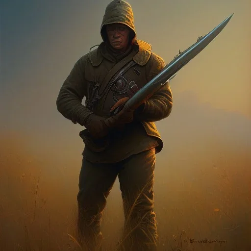 frank frazetta style, hunter in the field, dusk