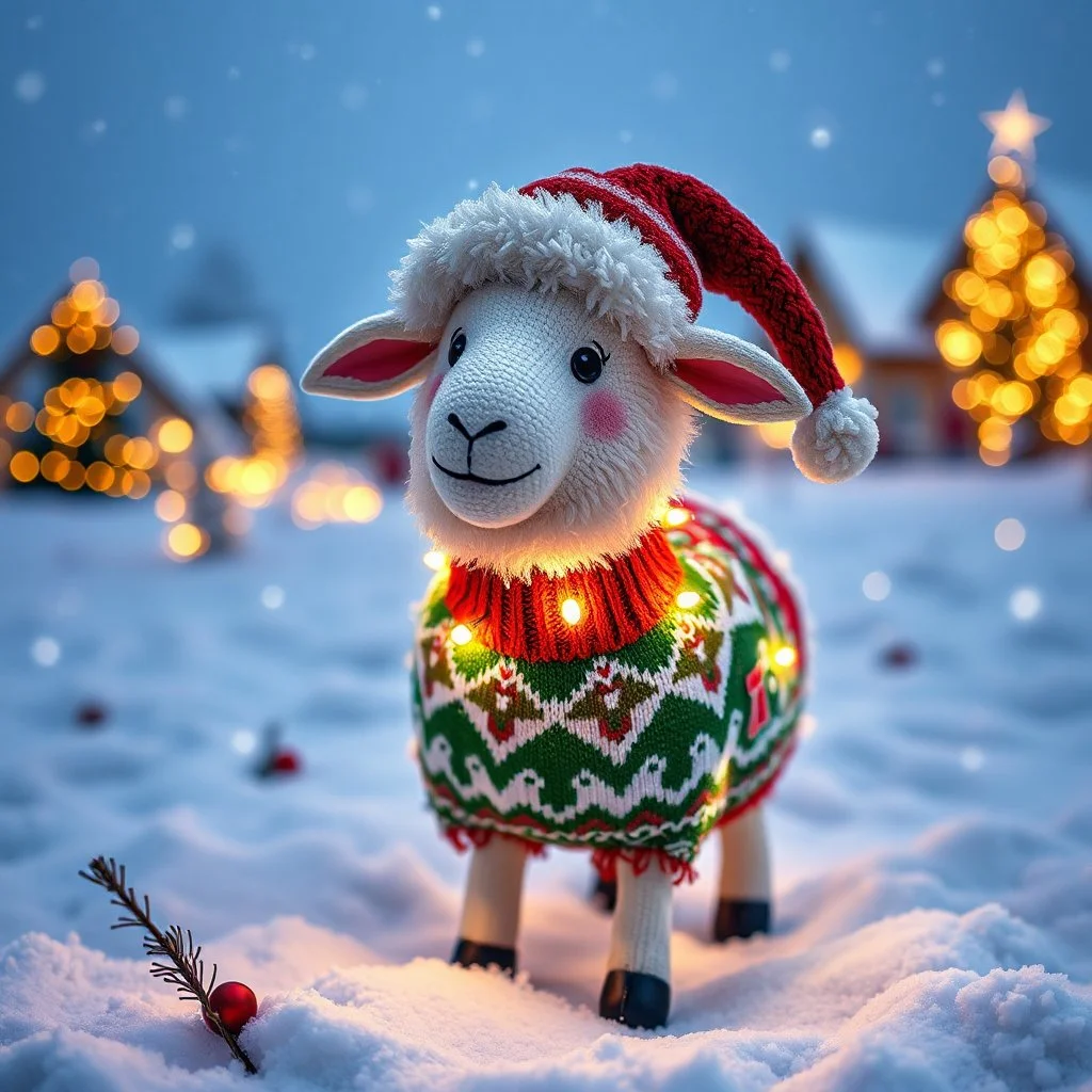 festive Whimiscial sheep in snow, with lights dressed for Christmas in holiday sweater