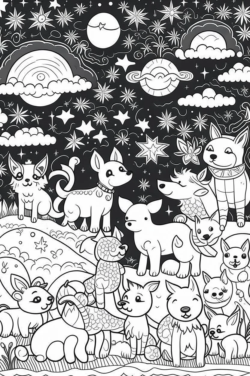 A cute dreamy night sky filled with celestial animals, Coloring page for kids, cartoon style, thick outline, low details, no shading, no color