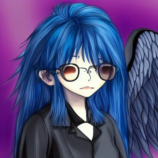 Anime girl Black clothes glases Blue hair angel