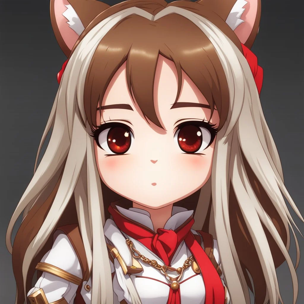 a close-up headshot of a chibi woman with long brown hair, red eyes, brown ferret ears, a mischievous expression, American clothes, intricately detailed, masterpiece, anime chibi doll